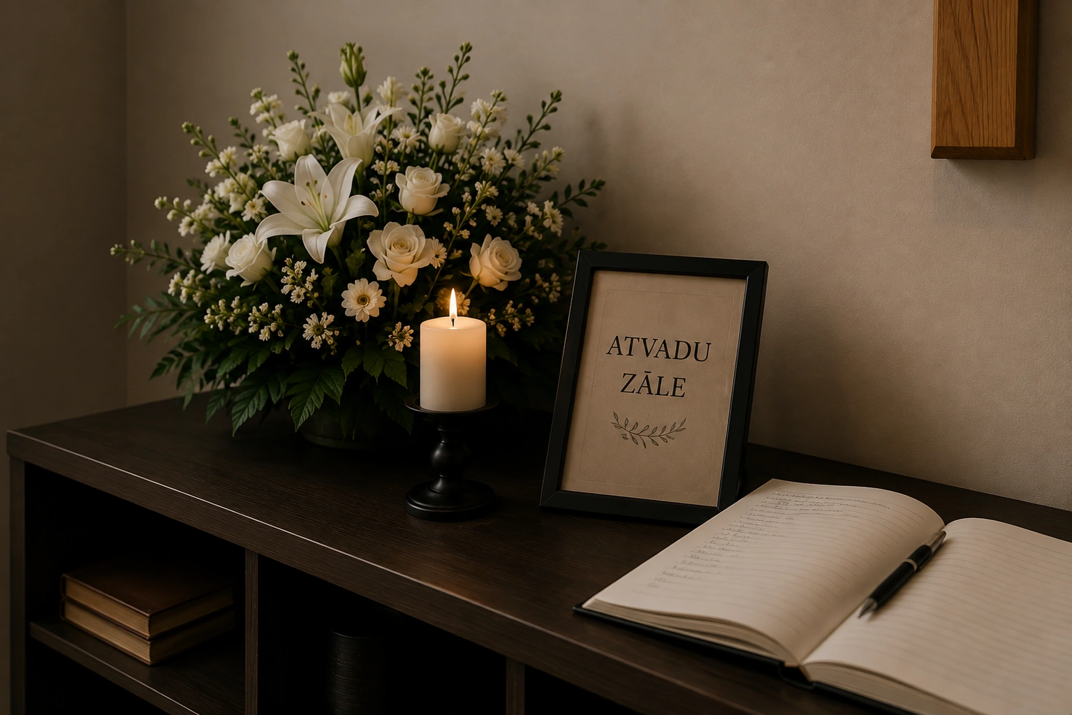 Atvadu zāle ar līdzjūtības grāmatu un ziediem